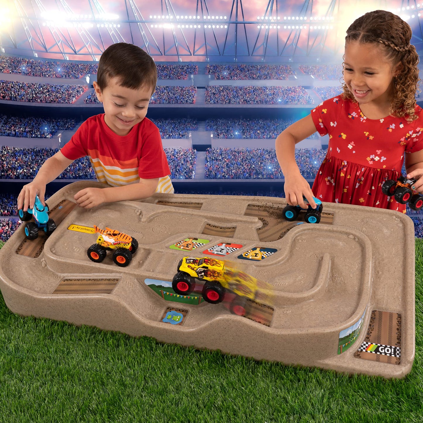 Simplay3 Portable Carry and Go Kids Race Track Toy Car Train Table, 2-Sided No Assembly for Children 3 4 5 6 7 Years Old Boys Girls, Made in USA