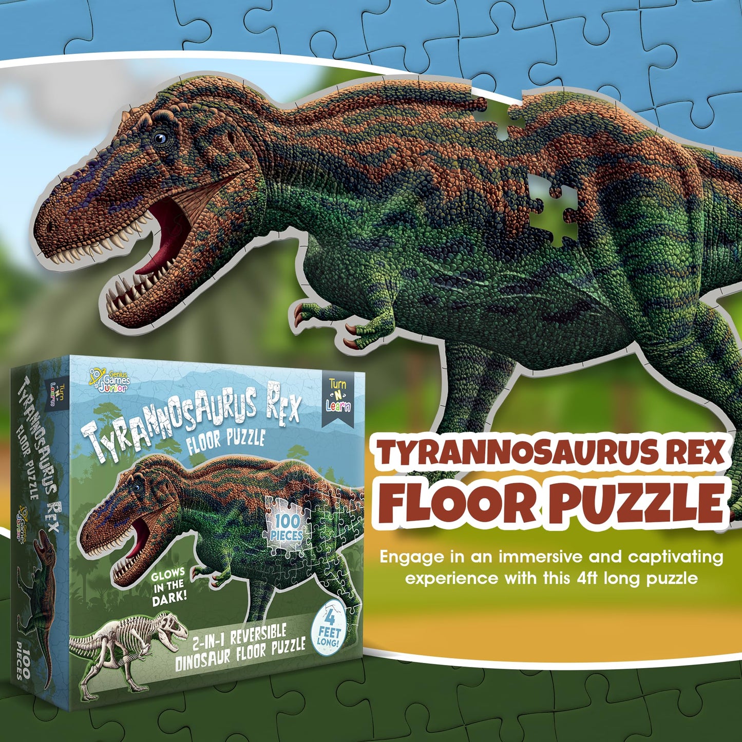 Tyrannosaurus Rex 100-Piece Double-Sided Jigsaw Puzzle – Glow-in-the-Dark Skeleton, 4ft Dino Illustration, Educational Toy for Kids