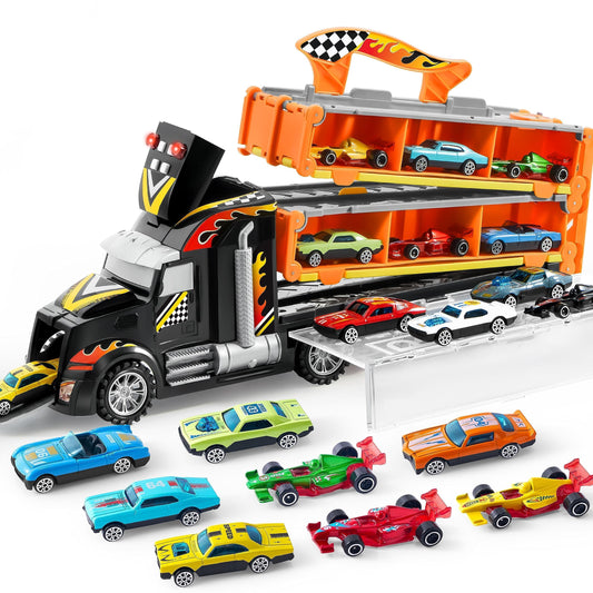 JOYIN Kids Toy Truck Playset with 60" Race Track, 12 Die-Cast Cars, Lights & Sounds – Toddler Gift for Boys & Girls Ages 2-7