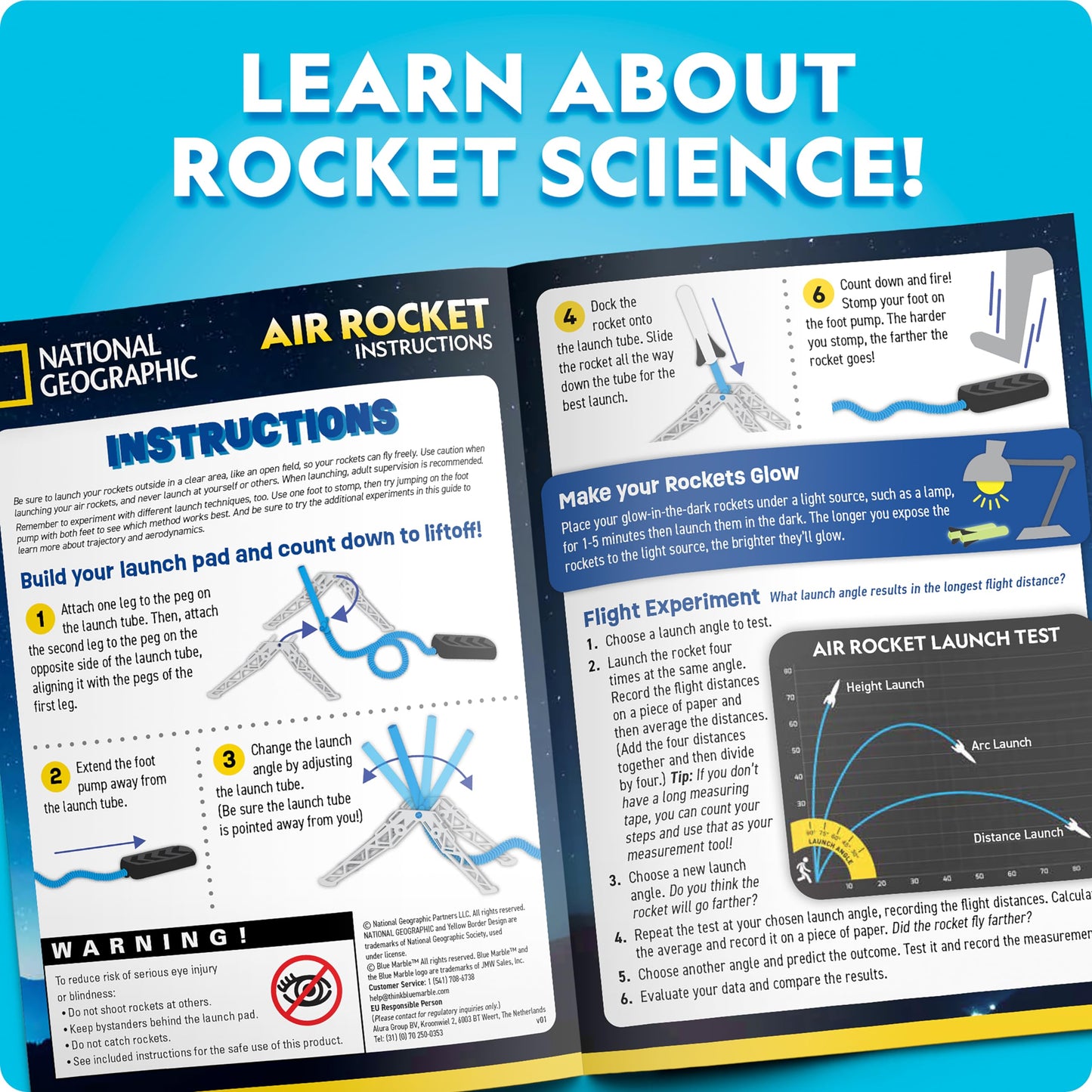 National Geographic Air Rocket Launcher Toy - Launch Glow-in-the-Dark Rockets Up to 100 Ft, Outdoor Fun for Kids 8-12, Rocket Kit Toy