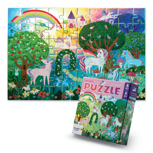Crocodile Creek 60-Piece Holographic Foil Floor Puzzle for Kids Ages 4-8 and Up - Heavy-Duty Box for Storage - Sparkling Unicorn - 14” x 19” Finished