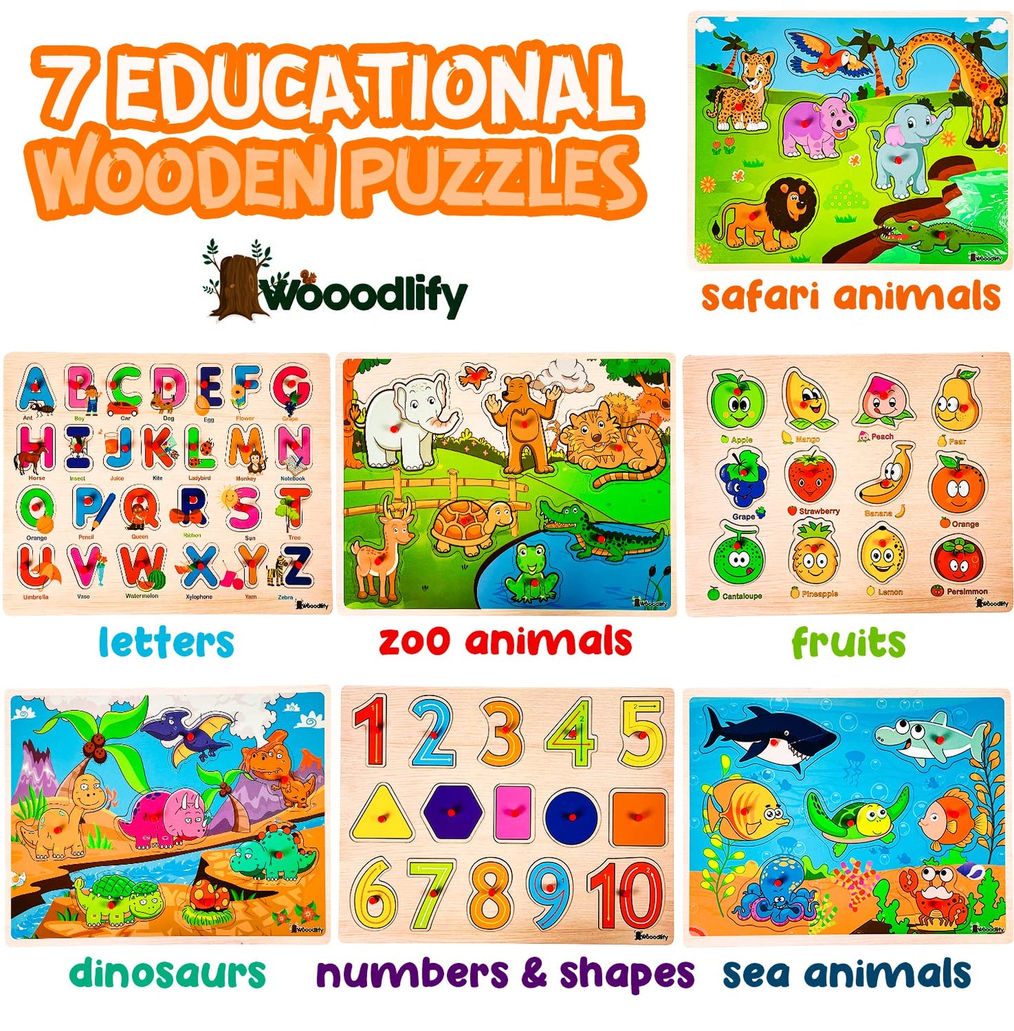 7-Pack Wooden Puzzles for Toddlers Ages 2-5 – Colorful Chunky Peg Puzzles with Alphabet, Numbers, Animals & Shapes, Educational Learning Toys