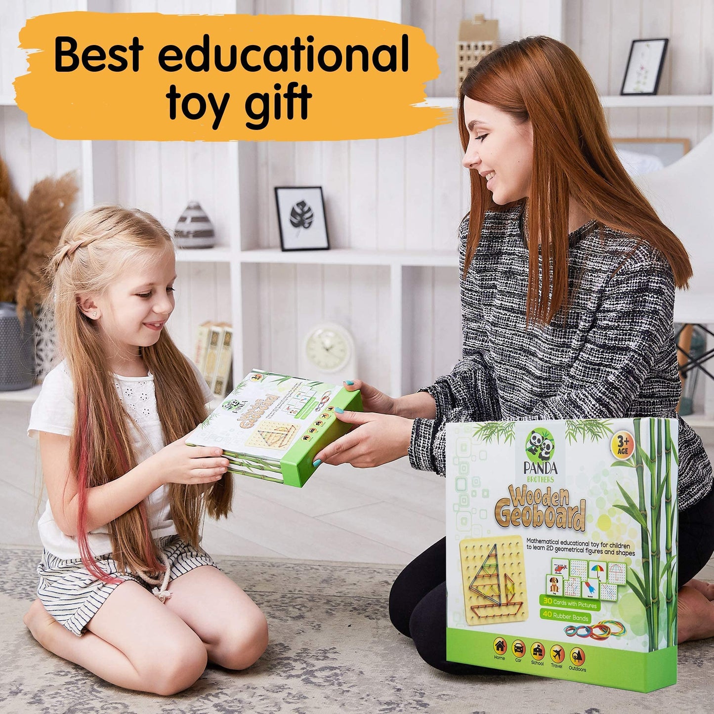 Panda Brothers Wooden Geoboard – Montessori STEM Toy for Kids Ages 3-5, Includes 30 Pattern Cards & 40 Rubber Bands for Creative Learning