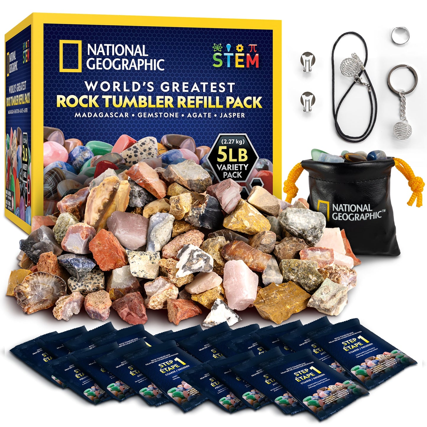 National Geographic Rock Tumbler Refill Kit – 5 lb Mixed Rocks, Rough Gemstones, Grit & Polish for Rock Tumbling Fun