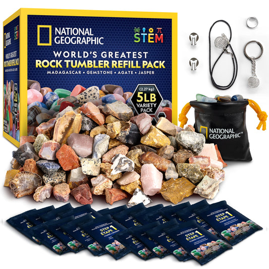 National Geographic Rock Tumbler Refill Kit – 5 lb Mixed Rocks, Rough Gemstones, Grit & Polish for Rock Tumbling Fun