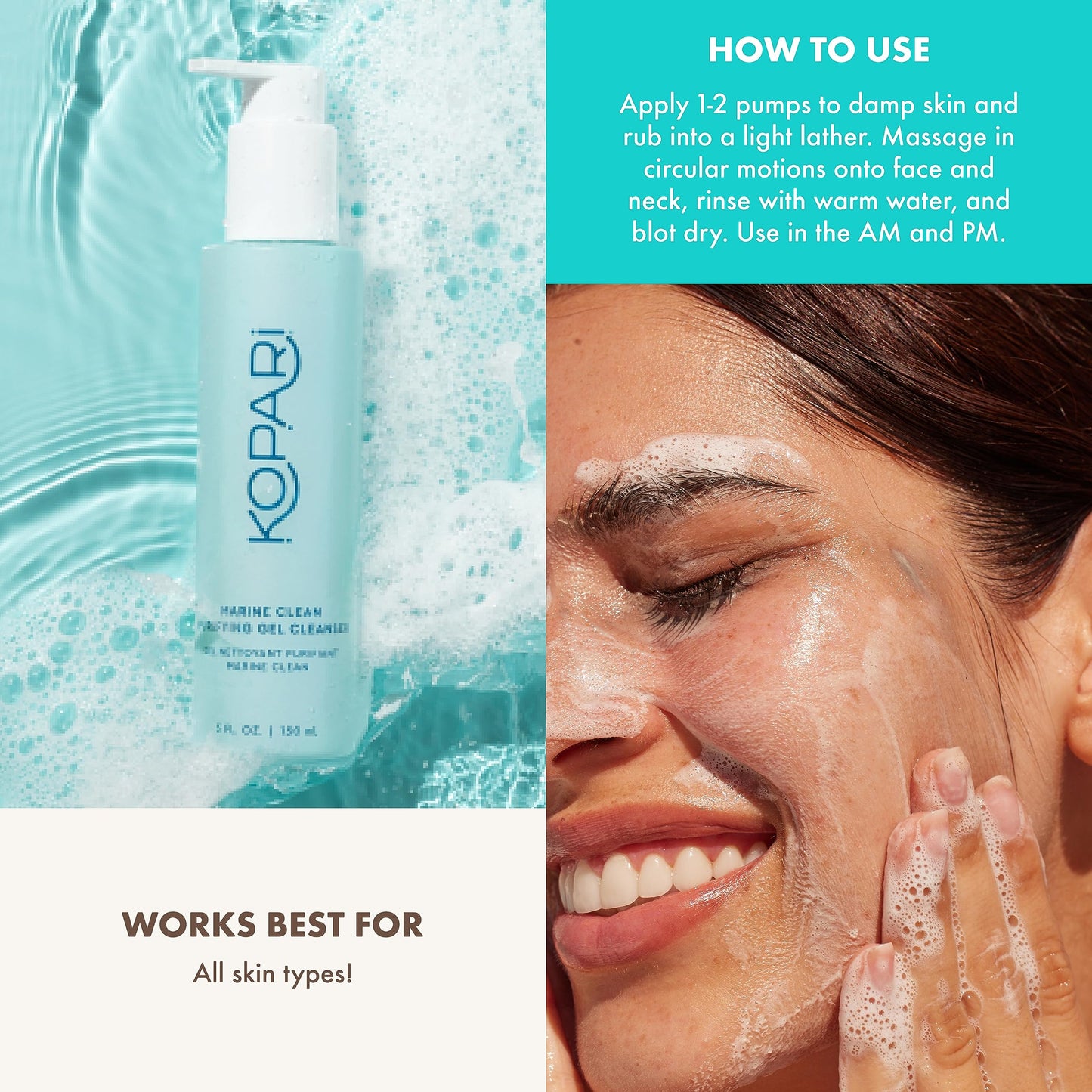 Kopari Marine Clean Gel Cleanser – Dual-Action Gel-to-Foam, Amino Acids & Vitamin B5, Gentle Nourishing Face Wash, 5 oz