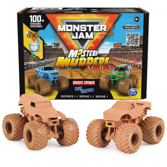 Monster Jam, Mystery Mudders 2-Pack Monster Trucks, Official 1:64 Die-Cast Vehicles, Wash to Reveal (Styles Will Vary), Kids Toys for Boys 3 and Up