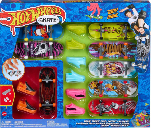 Hot Wheels Skate Rippin' Tricks Pack - 8 Fingerboards and 4 Pairs of Skateboard Shoes with Tony Hawk Inspired Designs, for Ages 5 and up, HMY19
