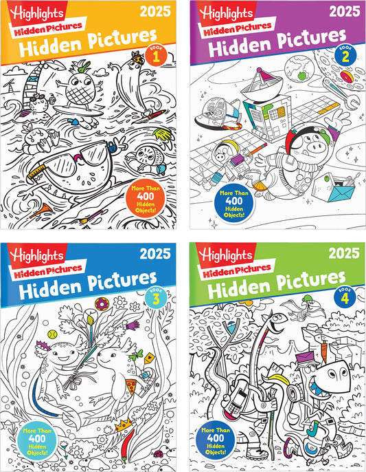Highlights Hidden Pictures 2025 4-Book Activity Set for Kids Ages 6+ - Travel-Friendly Screen-Free Seek & Find Coloring Books