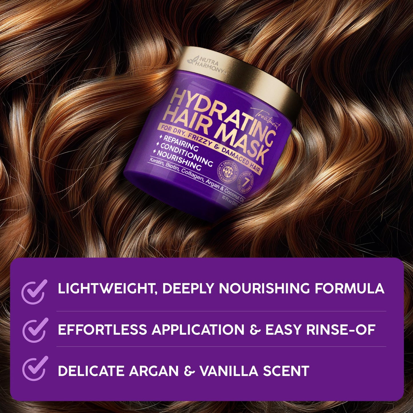 NUTRAHARMONY Hydrating Hair Mask 10oz | Deep Conditioning Keratin Treatment with Argan, Coconut Oils, Collagen & Biotin | Repair & Anti-Frizz
