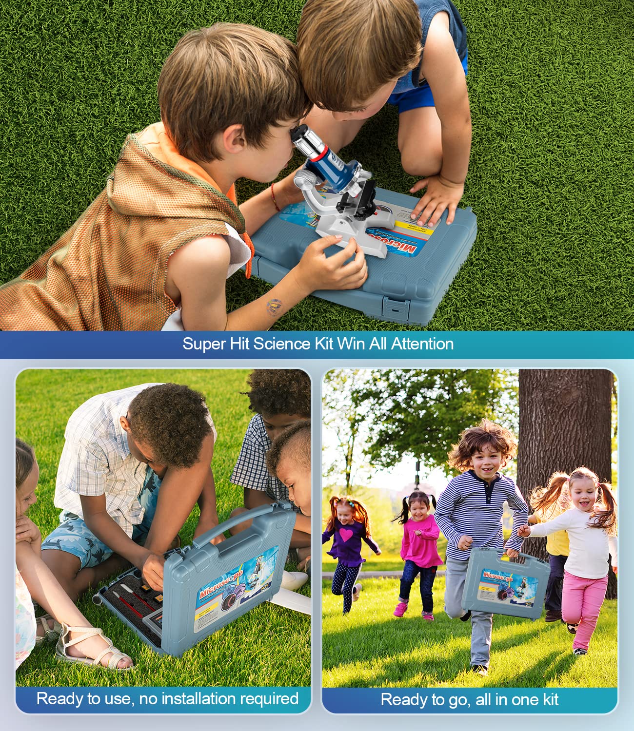 58-Piece Kids Microscope Kit - 100X-1200X Magnification, Metal Body, LED Light, Carrying Box - Science Experiment Toy for Kids Ages 5-12