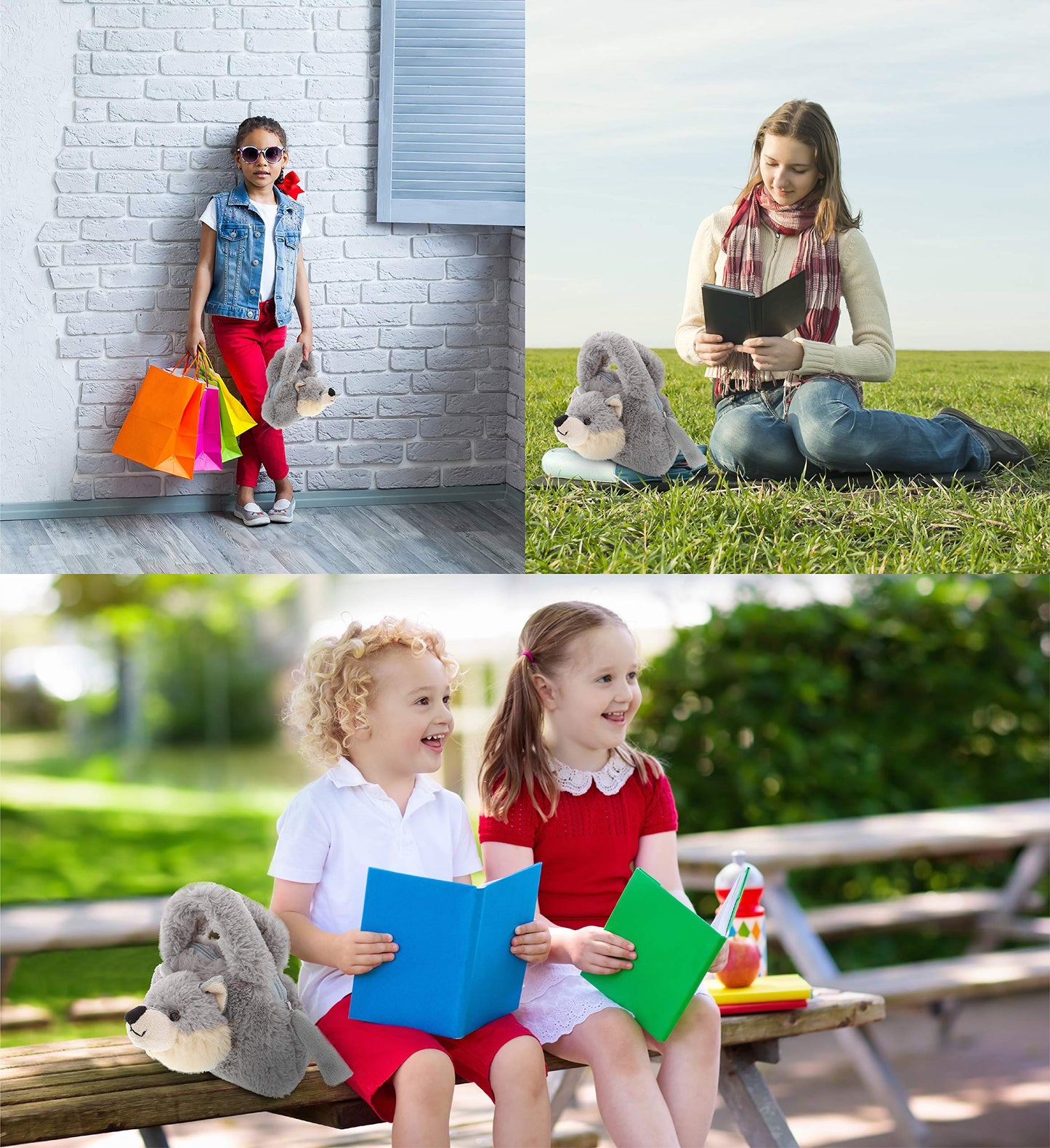 DolliBu Gray Wolf Plush Handbag – Soft Stuffed Animal Purse for Kids, Cute Toy Hand Bag for Pretend Play, Dress Up & Accessories