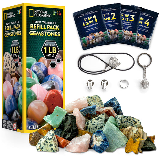 NATIONAL GEOGRAPHIC Rock Tumbler Refill Kit – 1Lb. Gemstones and Rocks for Tumbling including Unpolished Amethyst and Quartz – Rock Tumbler Supplies include Rock Tumbler Grit and Jewelry Accessories