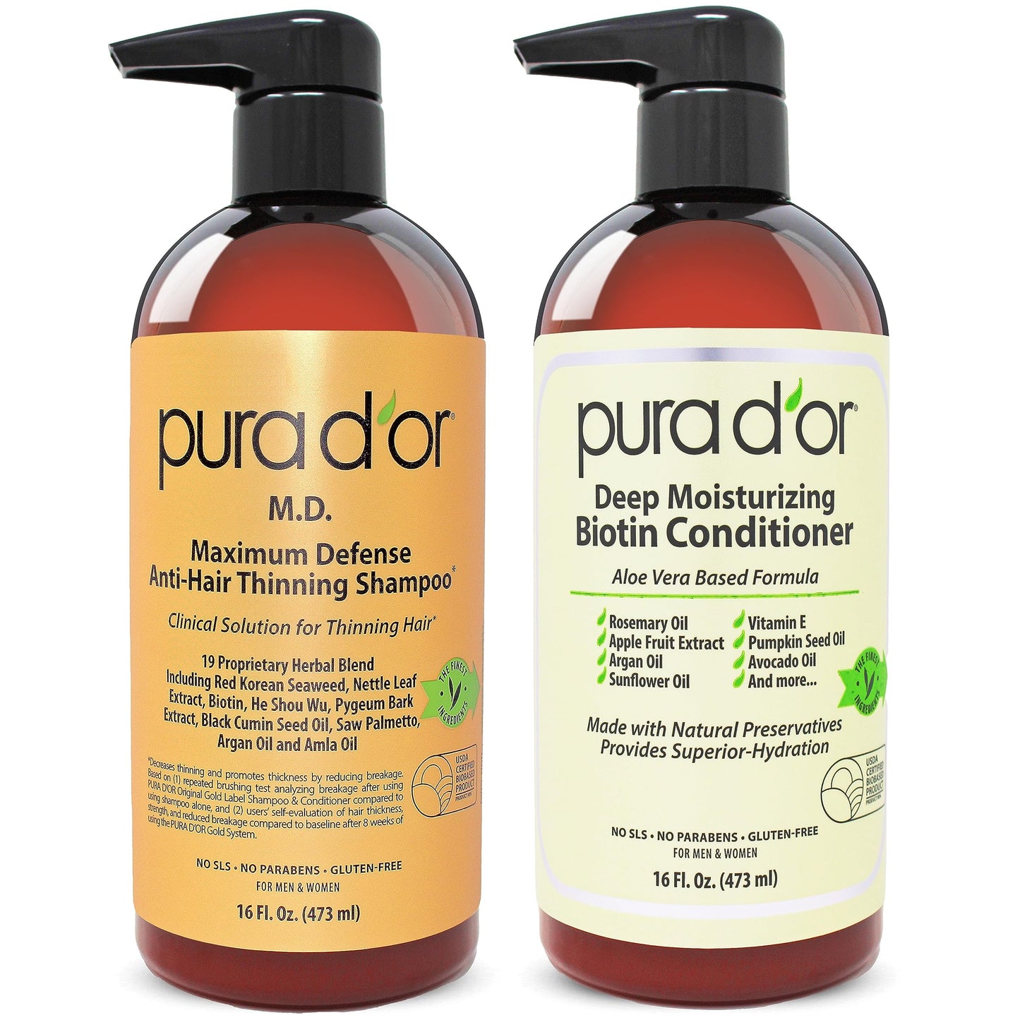 PURA D'OR MD Anti-Thinning Biotin Shampoo & Conditioner Set 16oz x2 – Maximum Defense Herbal Blend for Thicker Hair & Scalp Health