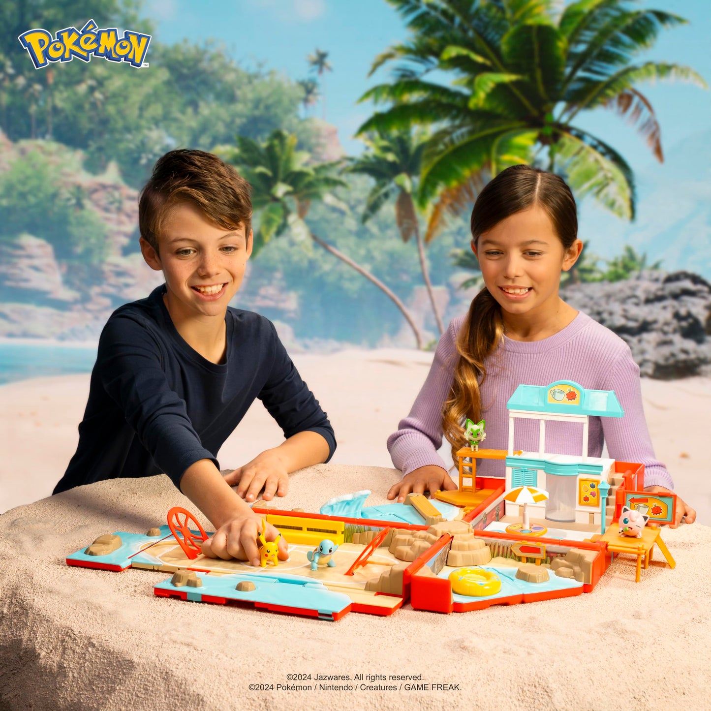 Jazwares Pokémon Carry Case Beach Battle Playset - Portable Transforming Backpack Playset with Action Features and 2-inch Pikachu Battle Figure