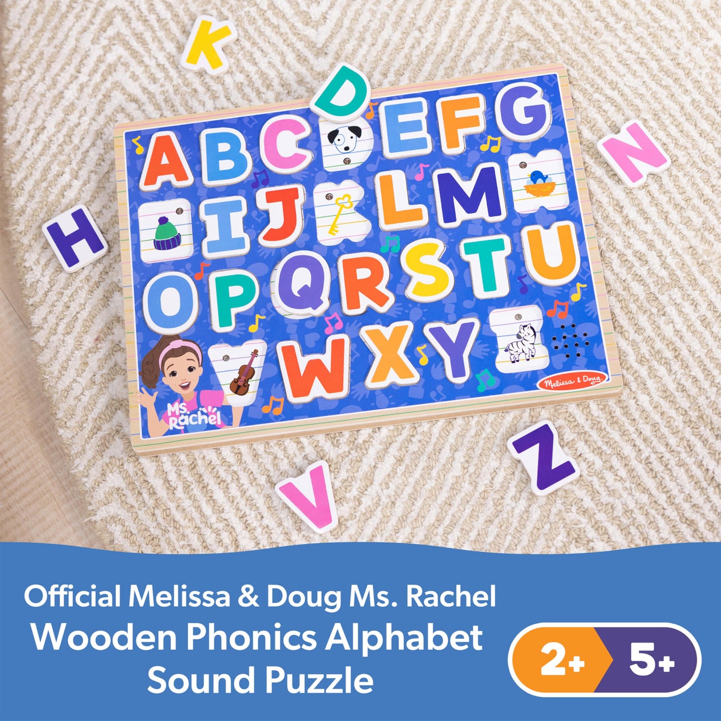 Melissa & Doug Ms. Rachel Wooden Phonics Alphabet Sound Puzzle – 24-Piece Toddler Toy with Light-Activated Sounds, Ages 2+, FSC Certified