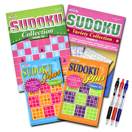 Buffalo Games 4-Pack Sudoku Puzzle Books – 350+ Puzzles with Tips, Large & Digest Sizes, Brain Stimulation for Adults & Seniors