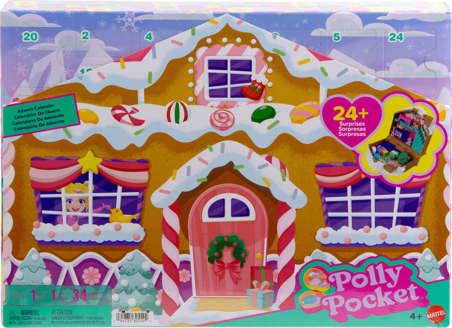 Polly Pocket Doll Advent Calendar, DIY Gingerbread House Playset with 24+ Surprises, Dollhouse Furniture, and Holiday Accessories