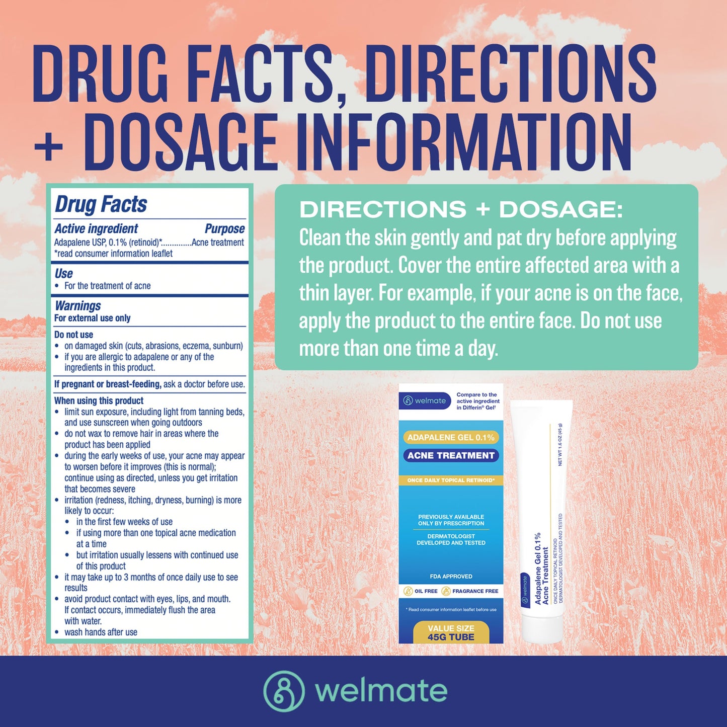 WELMATE Adapalene Gel 0.1% Acne Treatment Cream – Daily Topical Skincare, Pimple & Acne Care, Oil & Fragrance Free, 1.6oz (45g)