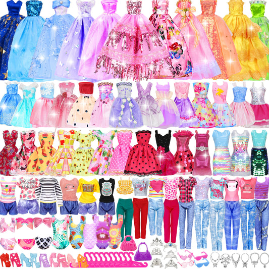 130-Piece Doll Clothes & Accessories Set for 11"-12" Dolls – 4 Princess Gowns, 8 Dresses, Tops, Pants, Shoes, Swimsuits & Hangers