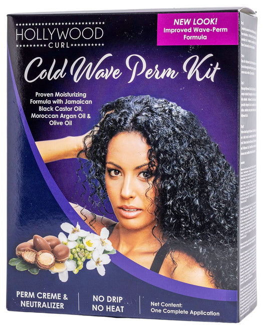Hollywood Curl Cold Wave Perm Kit packaging with a woman's face and product ingredients on a purple background.