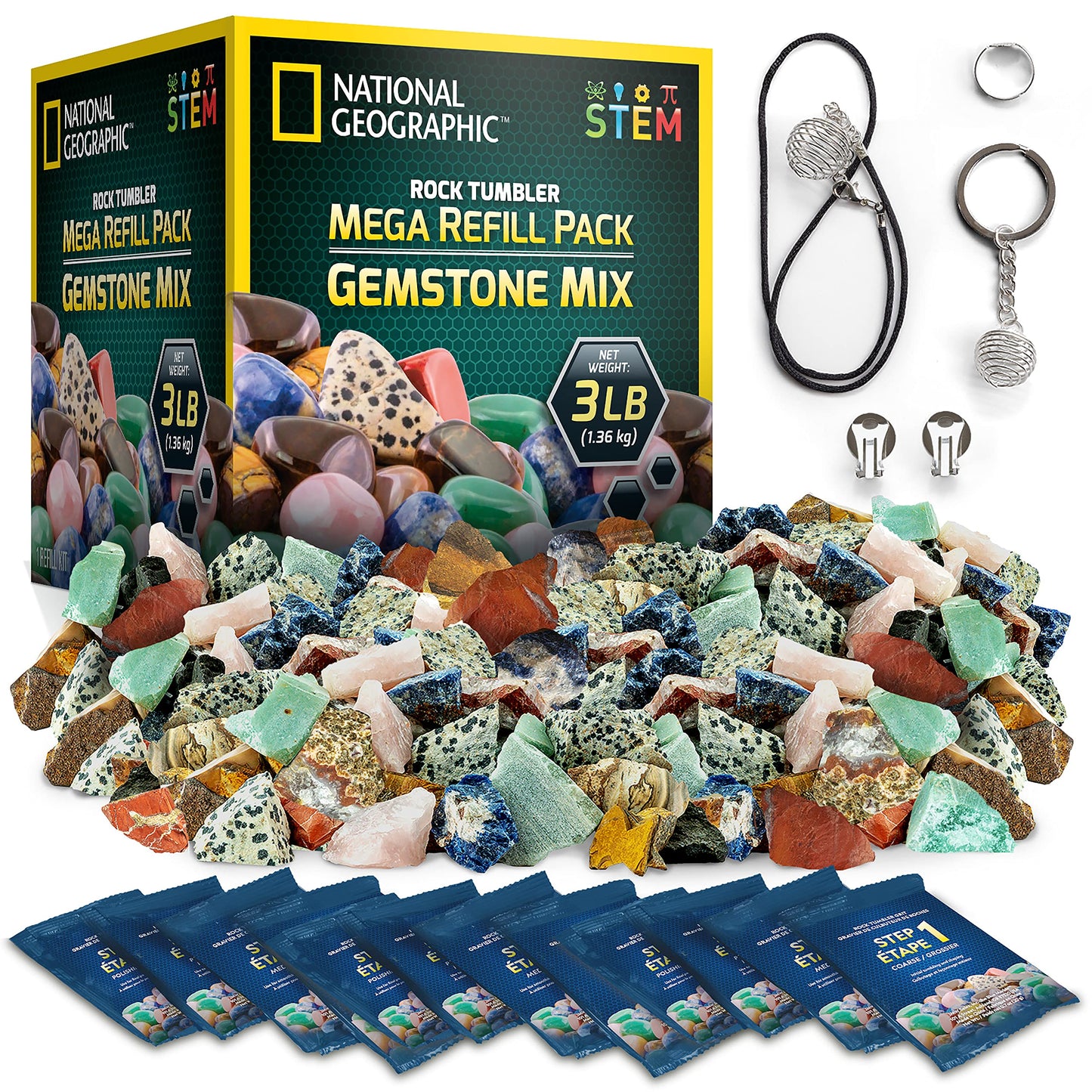 National Geographic Rock Tumbler Refill Kit – 3 lbs Rough Gemstones Including Amethyst & Quartz with Grit & Jewelry Accessories