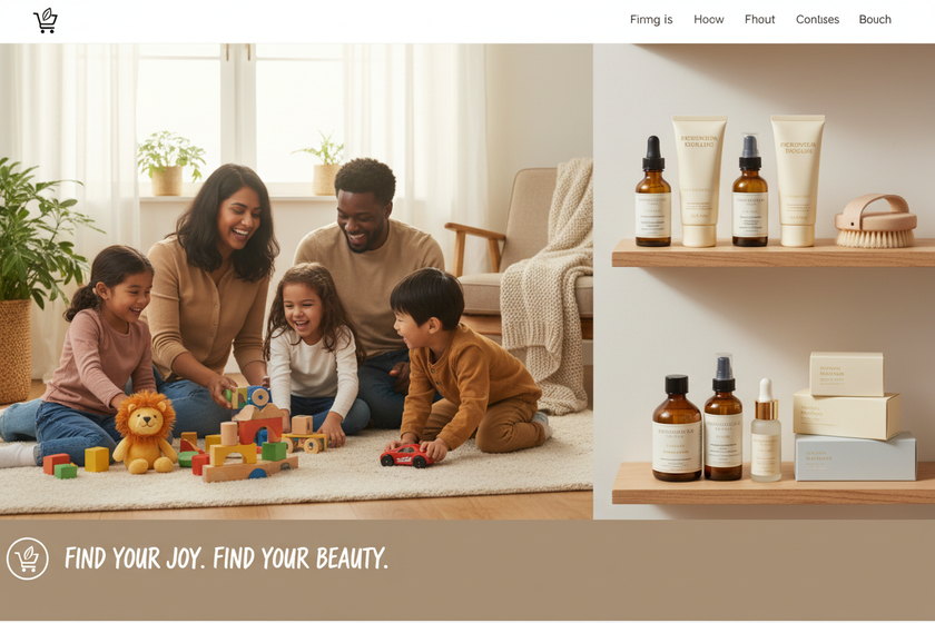 A bright and cheerful hero banner with a diverse family enjoying playful toys while beauty products sit elegantly arranged beside them. Warm soft lighting, cozy home setting, inviting atmosphere, friendly global aesthetic. Perfect for a general store offering beauty items and toys.