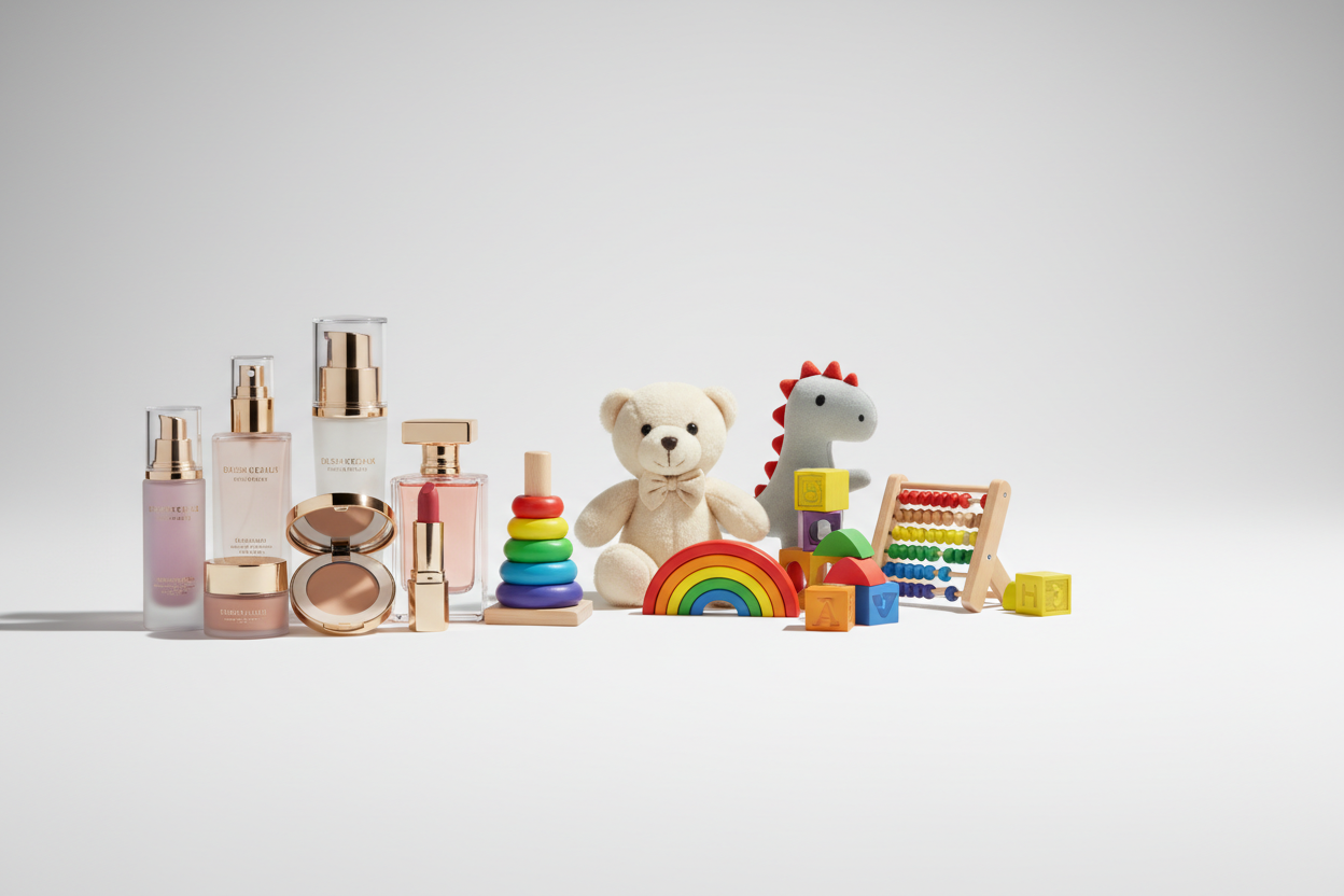 A clean, modern hero banner showcasing a premium mix of beauty products (makeup, skincare bottles, perfumes) and colorful kids' toys (soft toys, educational blocks). Minimal studio background, soft shadows, high-end e-commerce aesthetic, 8K resolution.