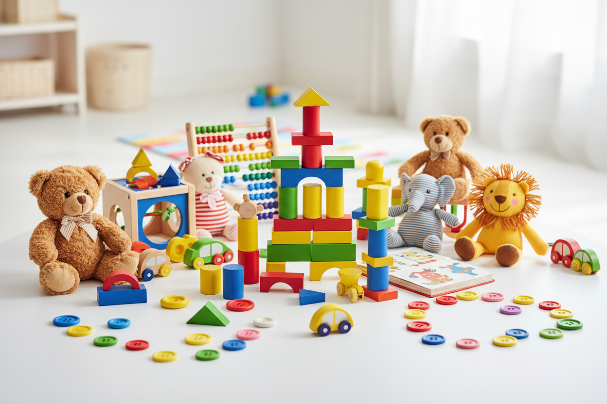 Colorful kids’ toys arranged creatively — blocks, soft toys, activity sets, bright playful lighting.